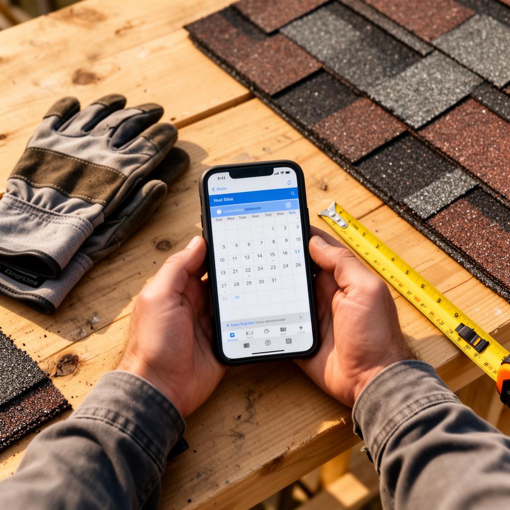 Roofer checking the calendar app on a phone with shingles and tools nearby